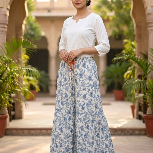 Women's Intricate Blue Floral Relaxed Fit Palazzos