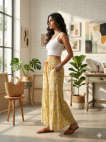 Yellow and Grey Chevron Print Tiered Palazzo Pants