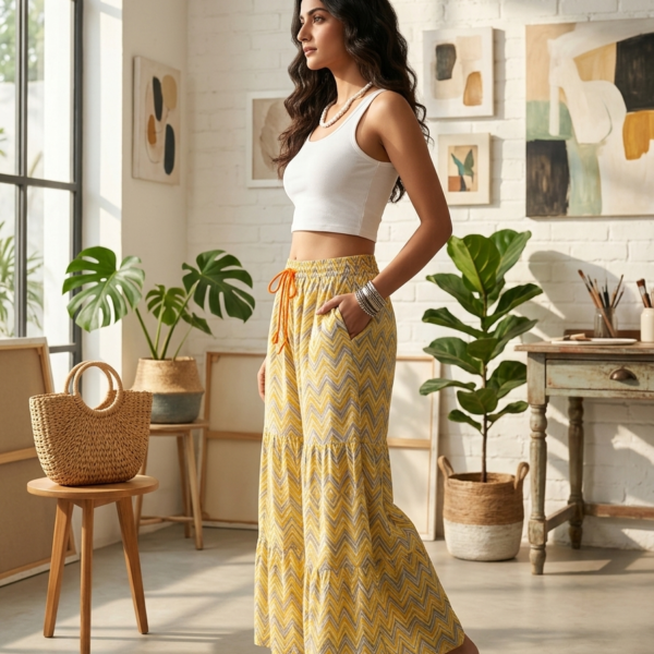 Yellow and Grey Chevron Print Tiered Palazzo Pants