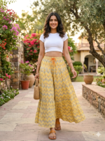 Yellow and Grey Chevron Print Tiered Palazzo Pants - Image 2