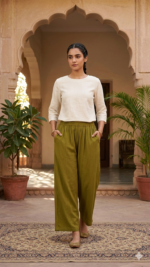 Women's Solid Olive Relaxed Fit Cotton-Blend Palazzos