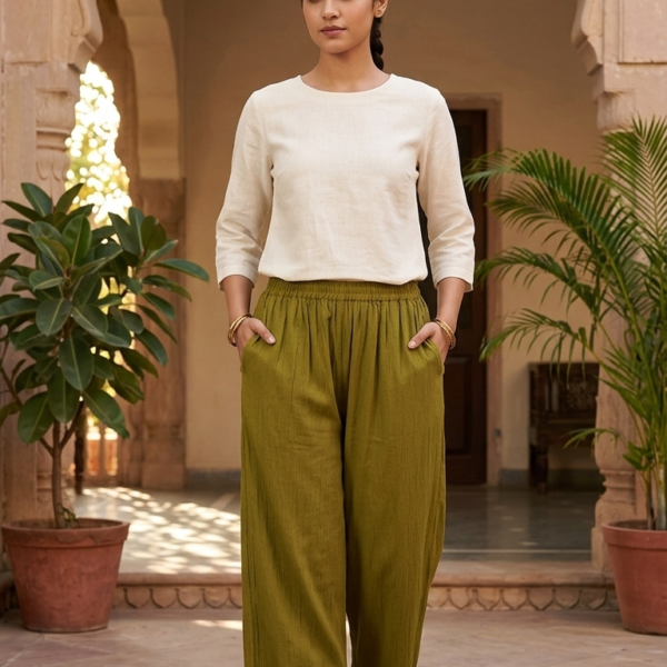 Women's Solid Olive Relaxed Fit Cotton-Blend Palazzos