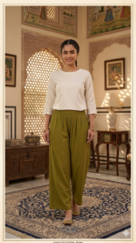 Women's Solid Olive Relaxed Fit Cotton-Blend Palazzos - Image 2