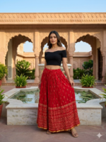 Crimson Red & Gold Printed Cotton Maxi Skirt with Elasticated Drawstring Waist
