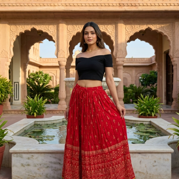 Crimson Red & Gold Printed Cotton Maxi Skirt with Elasticated Drawstring Waist