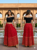 Crimson Red & Gold Printed Cotton Maxi Skirt with Elasticated Drawstring Waist - Image 2