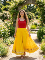 Sunny Yellow Tiered Maxi Skirt with Gold Trim