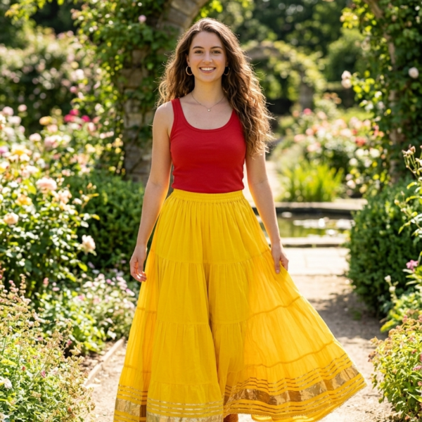 Sunny Yellow Tiered Maxi Skirt with Gold Trim