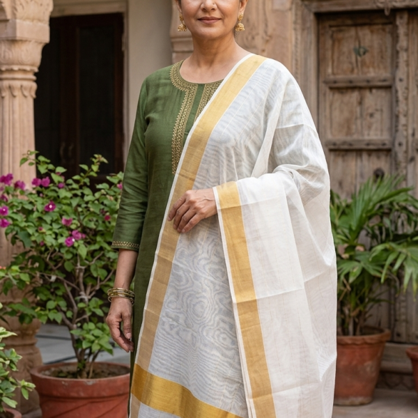 Ivory Chanderi Cotton Dupatta with Golden Zari Borders