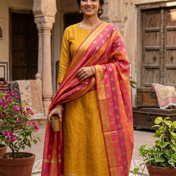 Sunset Pink & Orange Silk Blend Dupatta with Zari Bootis