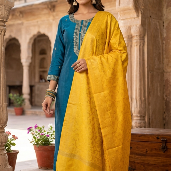 Mustard Yellow Banarasi Art Silk Dupatta with Self-Weave Floral Jaal