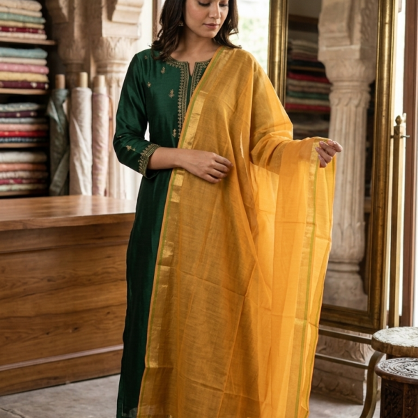 Ochre Yellow Chanderi Cotton Dupatta with Sleek Zari Border