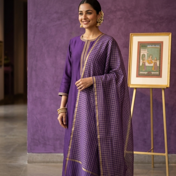 Royal Purple Chanderi Dupatta with Golden Zari Checks