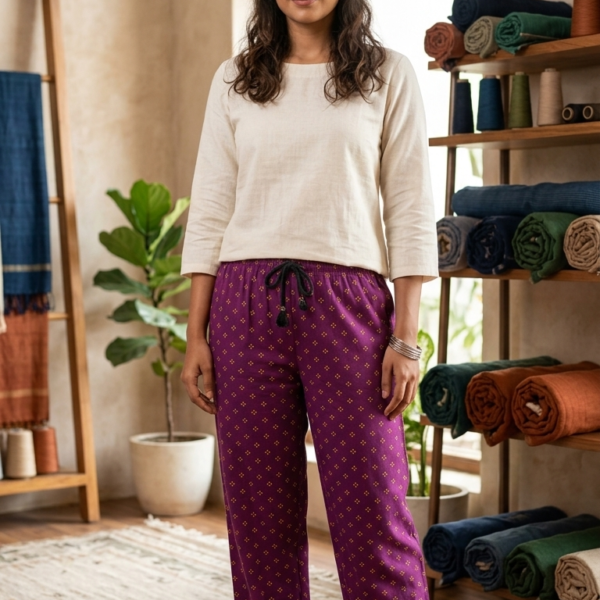 Plum Purple Printed Cotton Lounge Pajamas with Drawstring