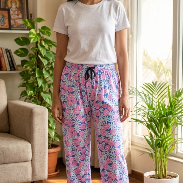 Retro Floral Print Cotton Lounge Pajamas with Drawstring