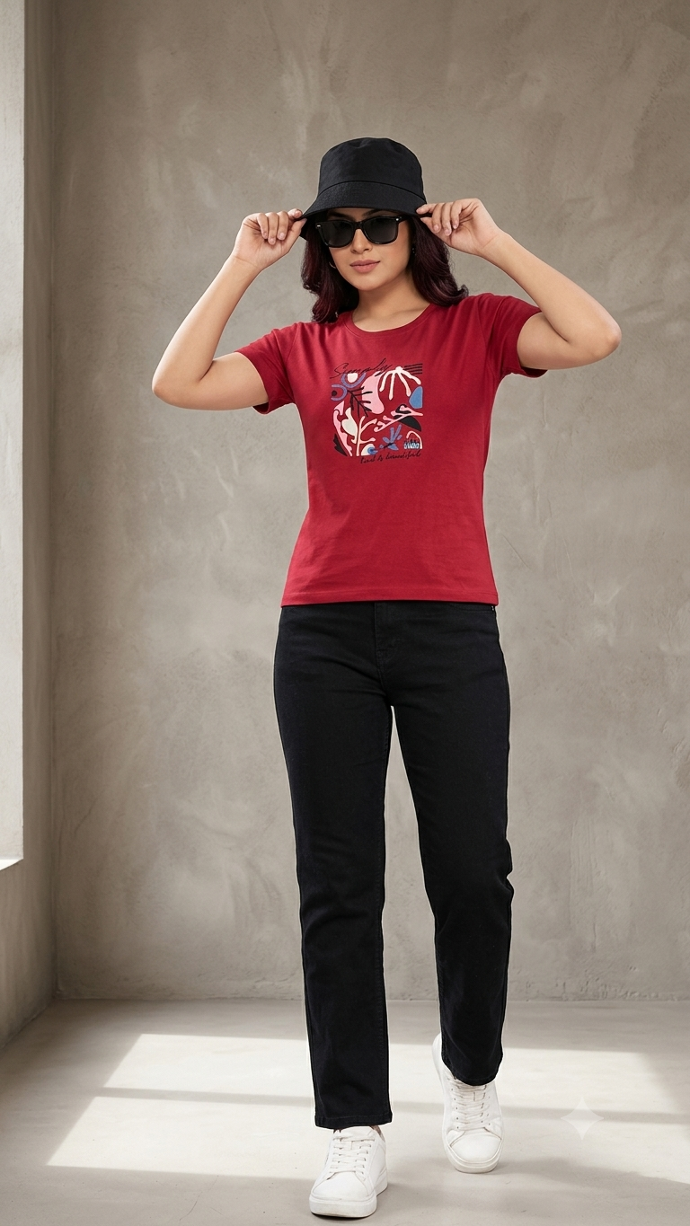 WT013 Women's Maroon Graphic Print Crew Neck T-Shirt - Image 1