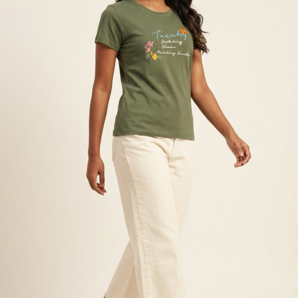 Women's Bio-Cotton Olive Green Graphic T-Shirt (Style 2069)